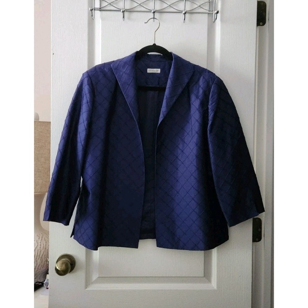 Ann May 100% Woven Silk Open Style Coat 3/4 Sleeve Blue Detailed Design Size L